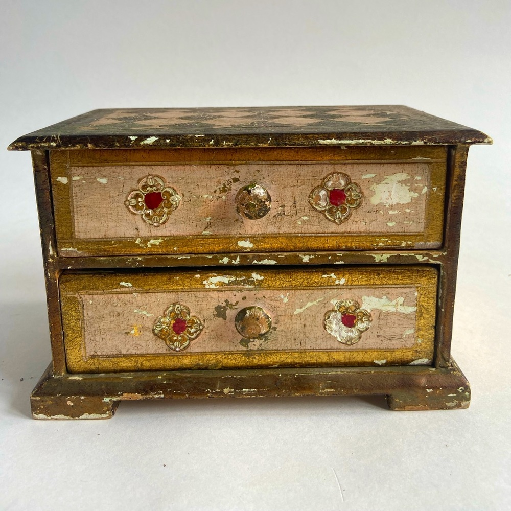 Vintage Florentine Italy 2 Drawer Cabinet Trinket Jewelry Box Handpainted Wooden - Picture 8 of 9